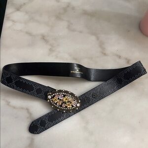 Genuine Leather Black Belt with Floral Buckle